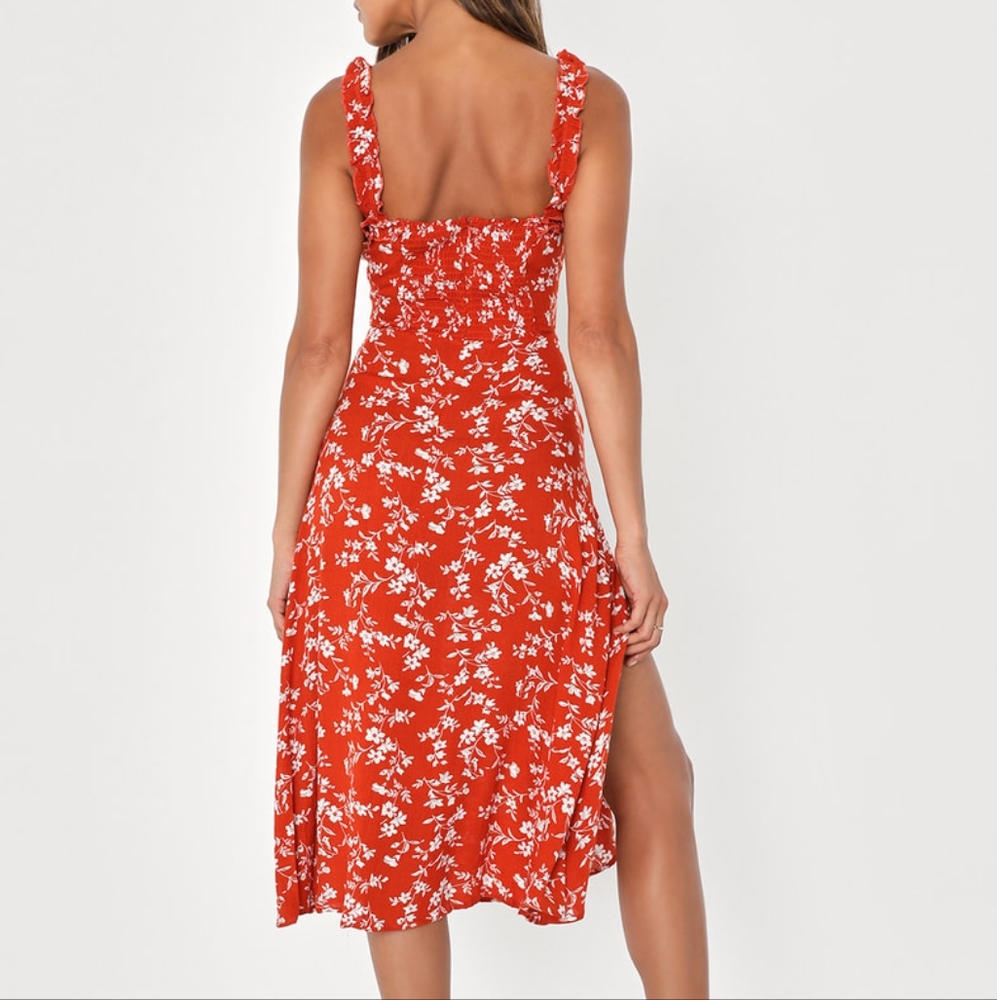 Red Floral Ruffle Midi Dress - Picture 2 of 6